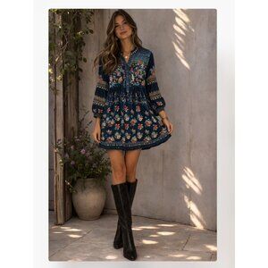 Johnny Was Dress Womens Small Blue Floral Boho 3/4 Sleeve Shift Tunic